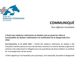 L’Ordre des médecins vétérinaires du Québec met en garde les villes et municipalités du Québec relativement à la certification de la dangerosité d’un chien